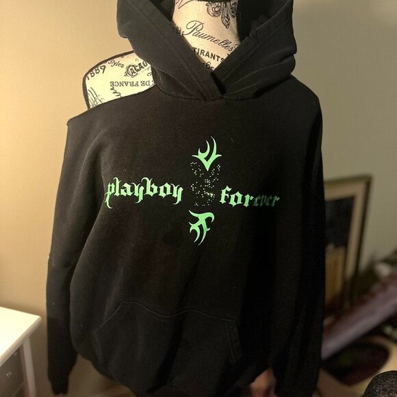 Playboy Tops - Playboy Forever Distressed Hoodie - Black & Green